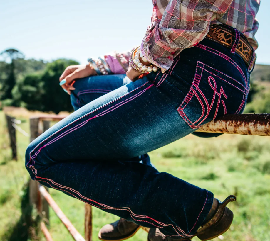 IND24 - H&H - Ultra High Rise - SR2207 "Tombstone" Hot Pink stitch Jeans