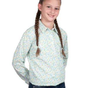 Just Country Girl's Harper Half Button Work Shirt - White / Blue Daisies