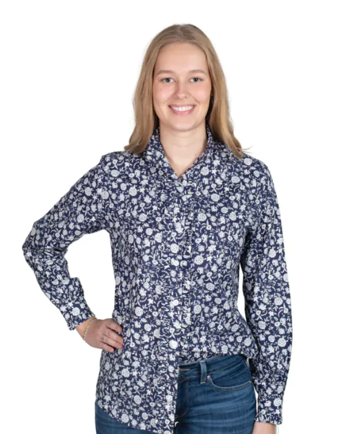 Just Country Women's Abbey Frill Full Button Workshirt - Navy Floral