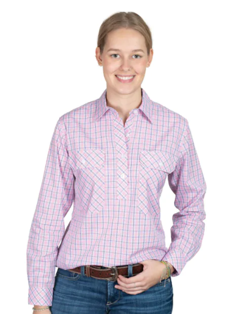 Just Country Women's Georgie Half Button Workshirt - Light Pink & Navy Plaid